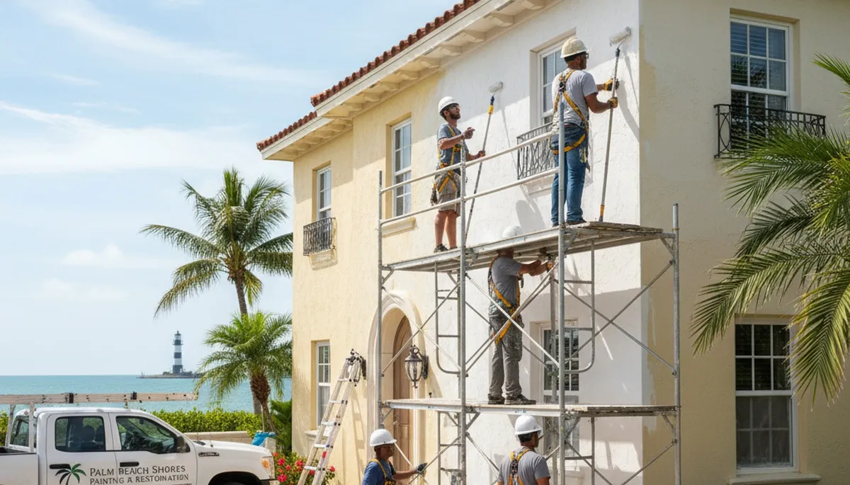 Professional painters painting a home exterior in West Palm Beach, FL